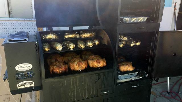BBQ in action, fully loaded with chicken and potatoes.