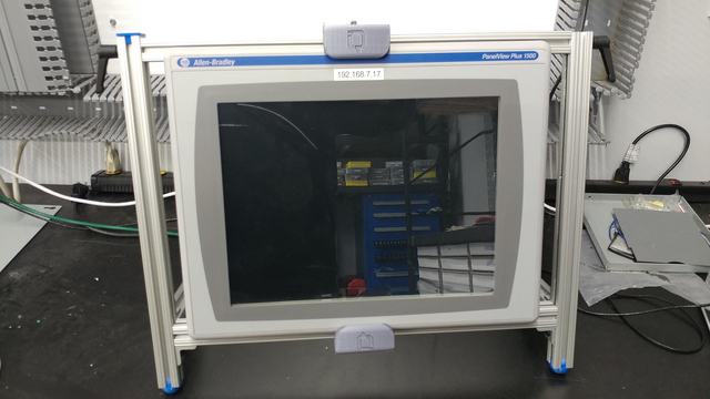 Allen-Bradley HMI in a custom stand for testing and portability.