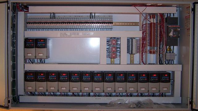 A panel with 15 VFDs powering electric motors.